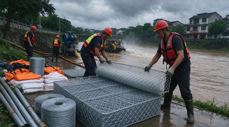 Changshu Jianghe Daşqının Qarşısının Alınması Məhsulları Daxili Monqolustan Fövqəladə Drenaj Dəstəyi Layihəsi üçün Gabion və Sinklənmiş Mesh Materiallarını Təslim edir